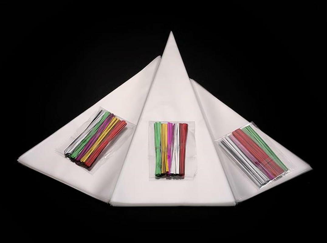 Muyindo Clear Cello Triangle Bags 6x12 Inch 100 Pieces with Color Twist Ties