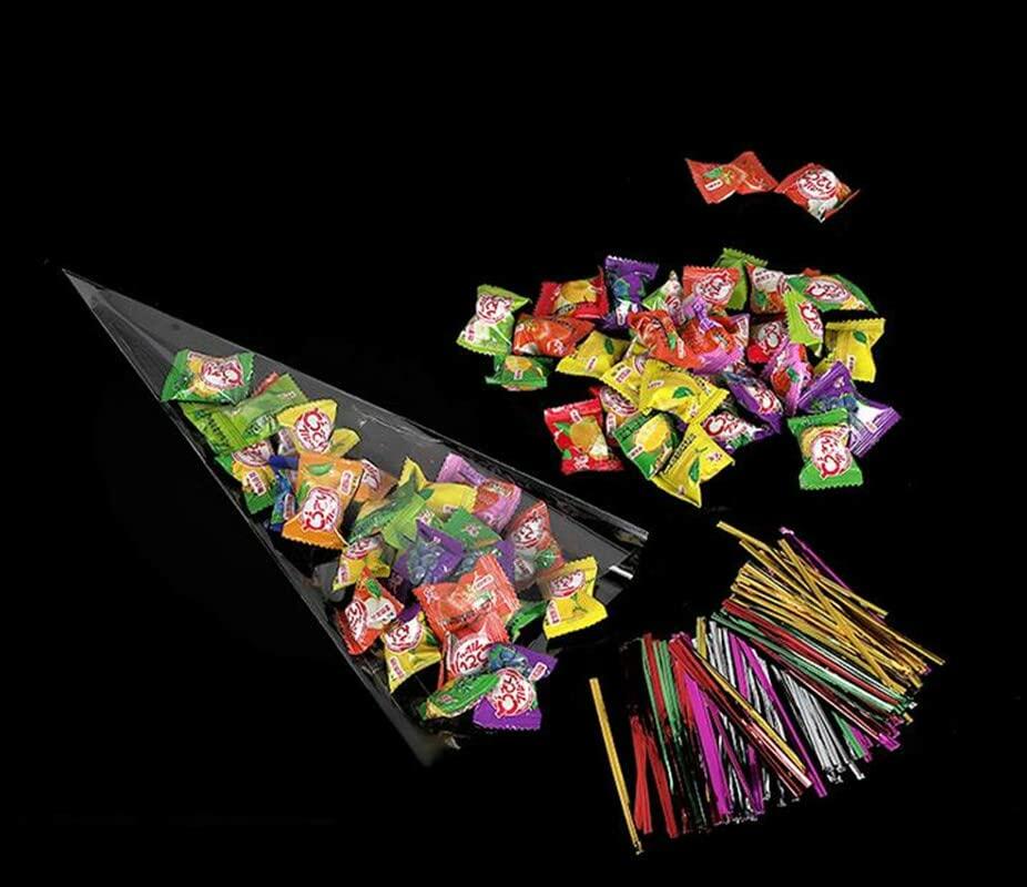 Muyindo Clear Cello Triangle Bags 6x12 Inch 100 Pieces with Color Twist Ties