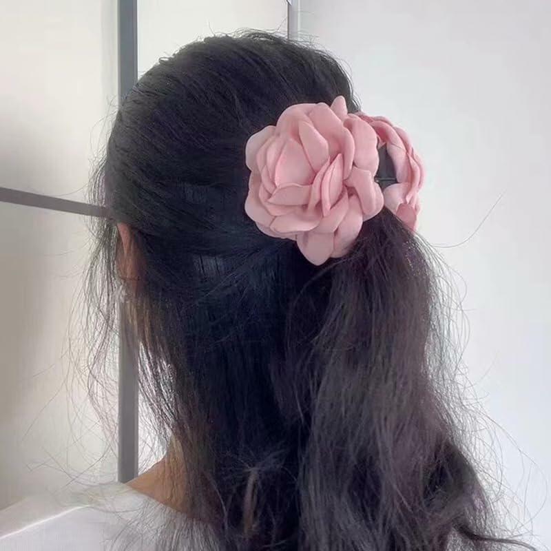 Pink Floral Hair Claw Rose Shark Clip Satin Hair Accessory for Women Girls