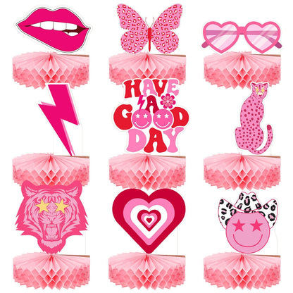 Sinmoe 9pcs Hot Pink Preppy Honeycomb Table Centerpiece Party Decor