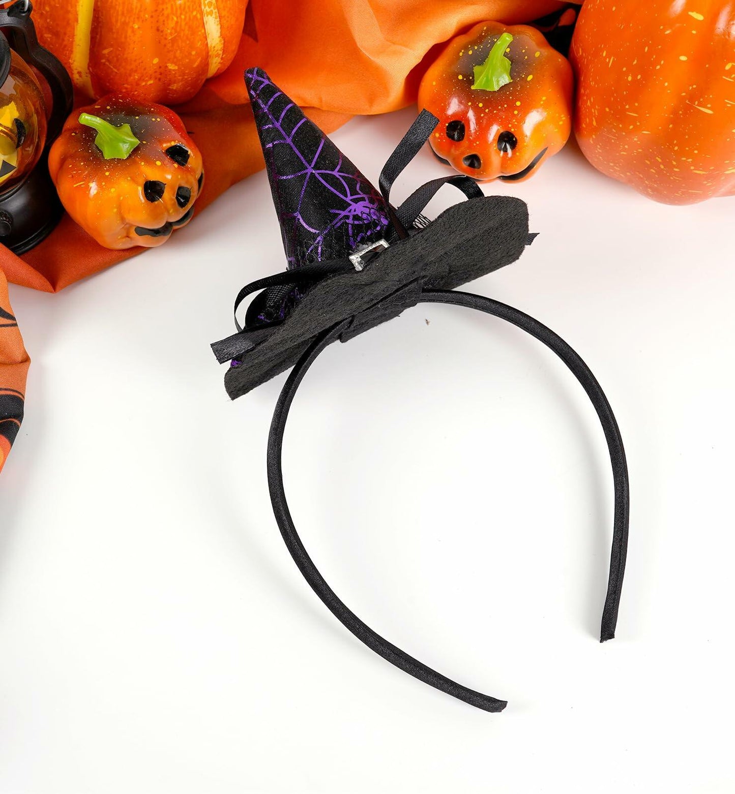 Edoneery Halloween Witch Hat Headband with Veil Feathers Purple for Women