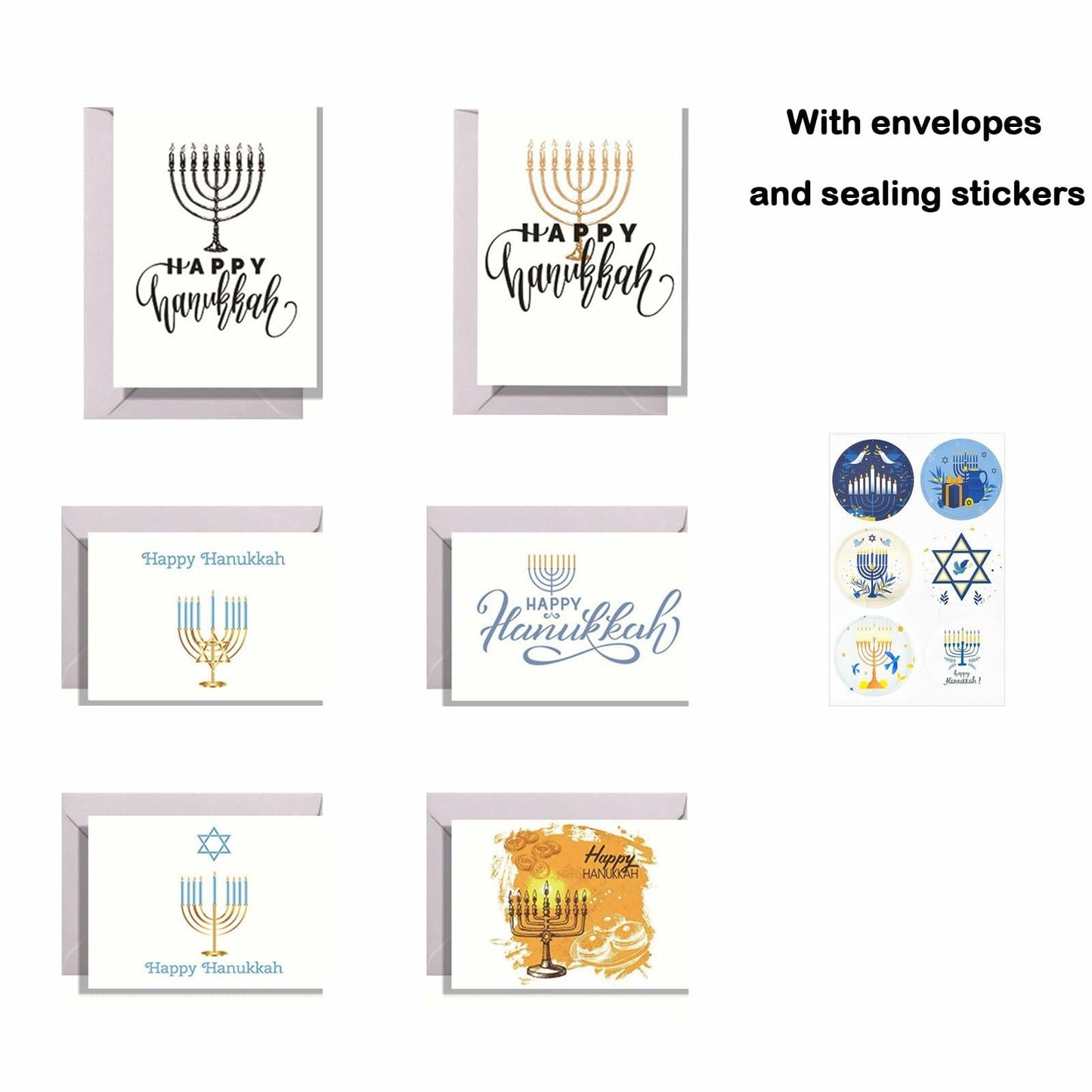 Qpout 12 PCS Hanukkah Cards with Envelopes Stickers Monochrome C Style