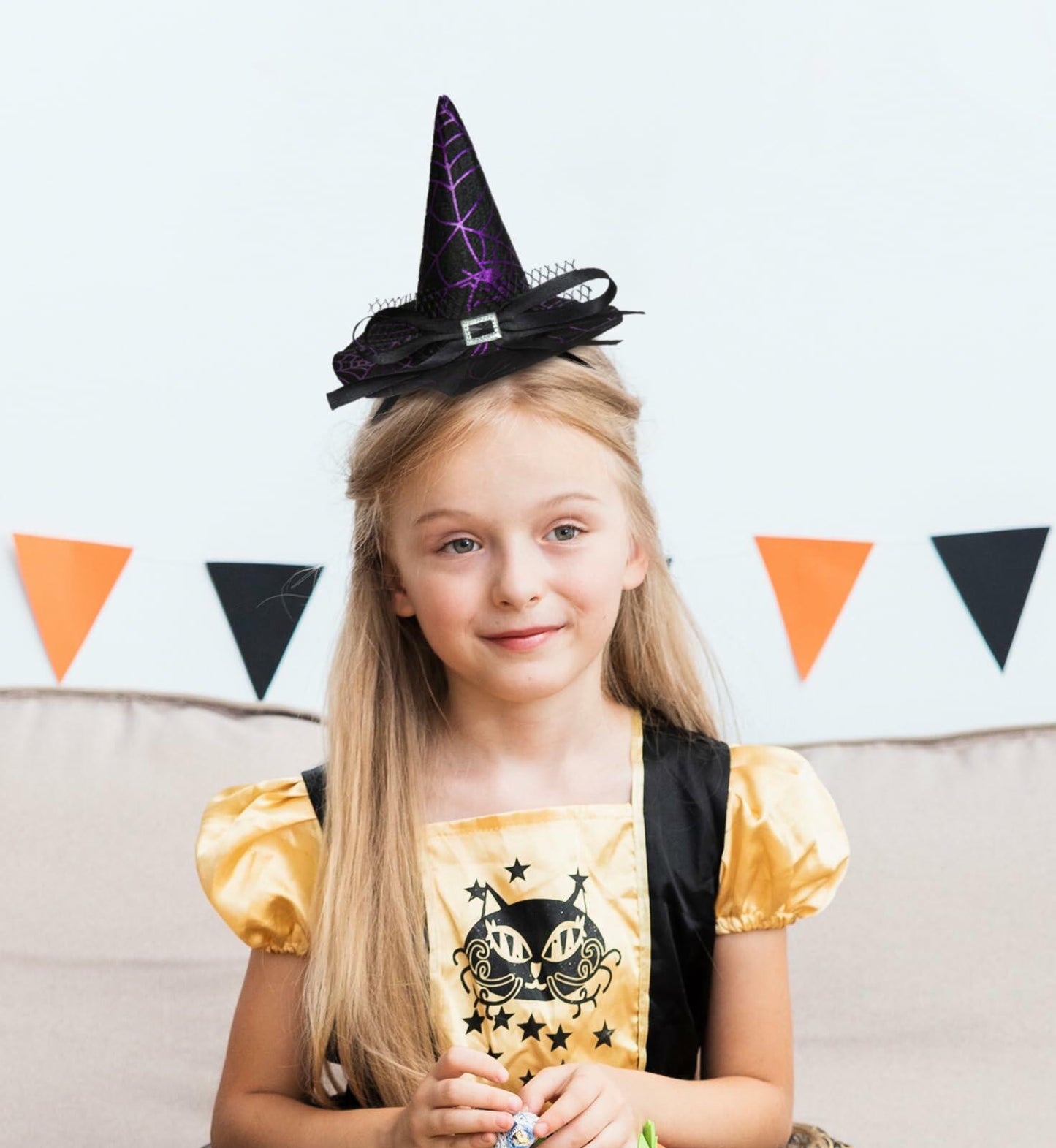Edoneery Halloween Witch Hat Headband with Veil Feathers Purple for Women