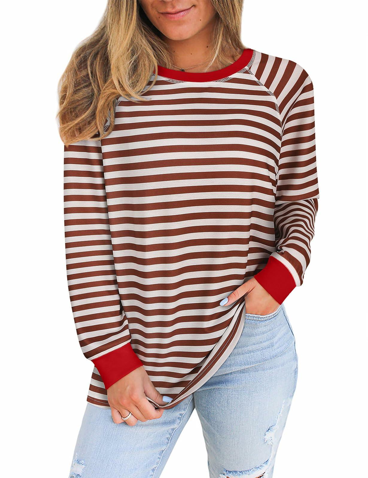Misyula Style Plus Size Striped Color Block Sweatshirt Red Brown Size XL