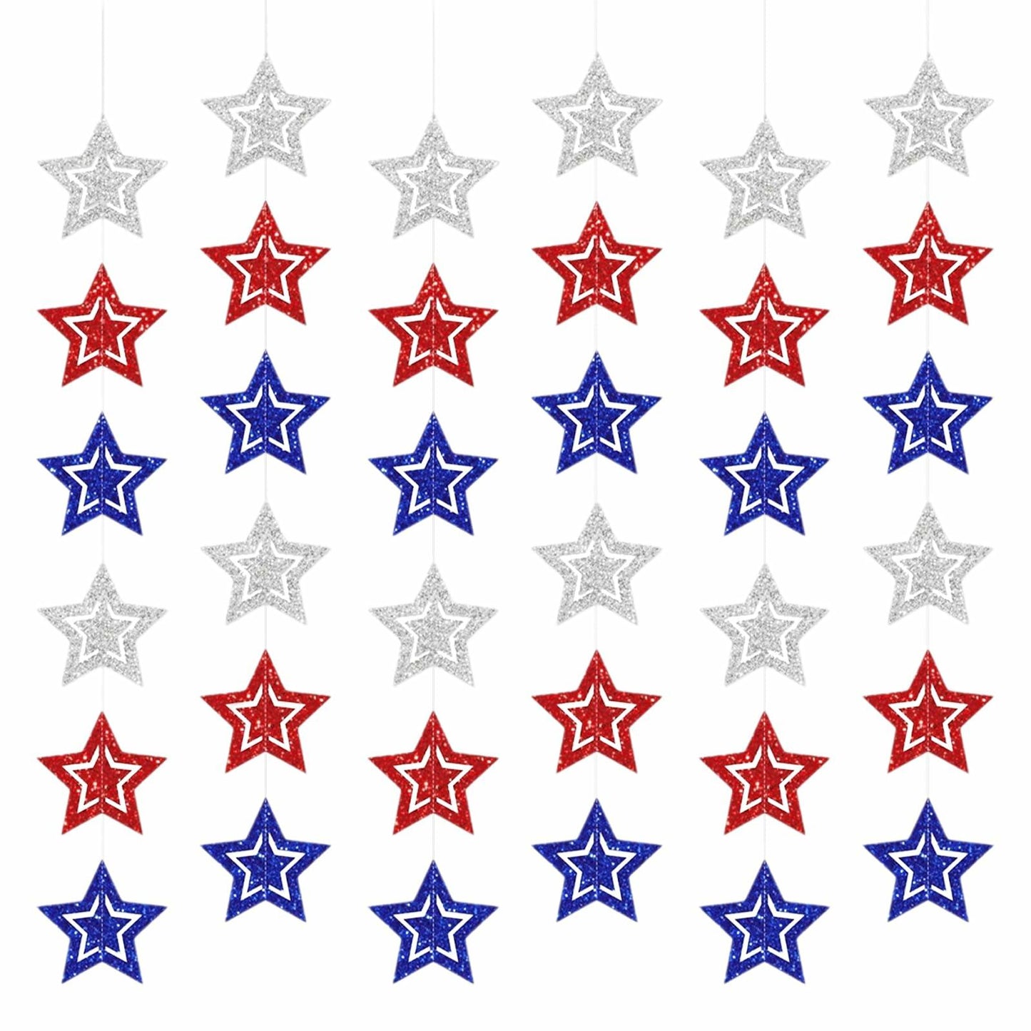 hhdatc 4th of July Hollow Out Star Banner Red Silver Blue Paper Decor