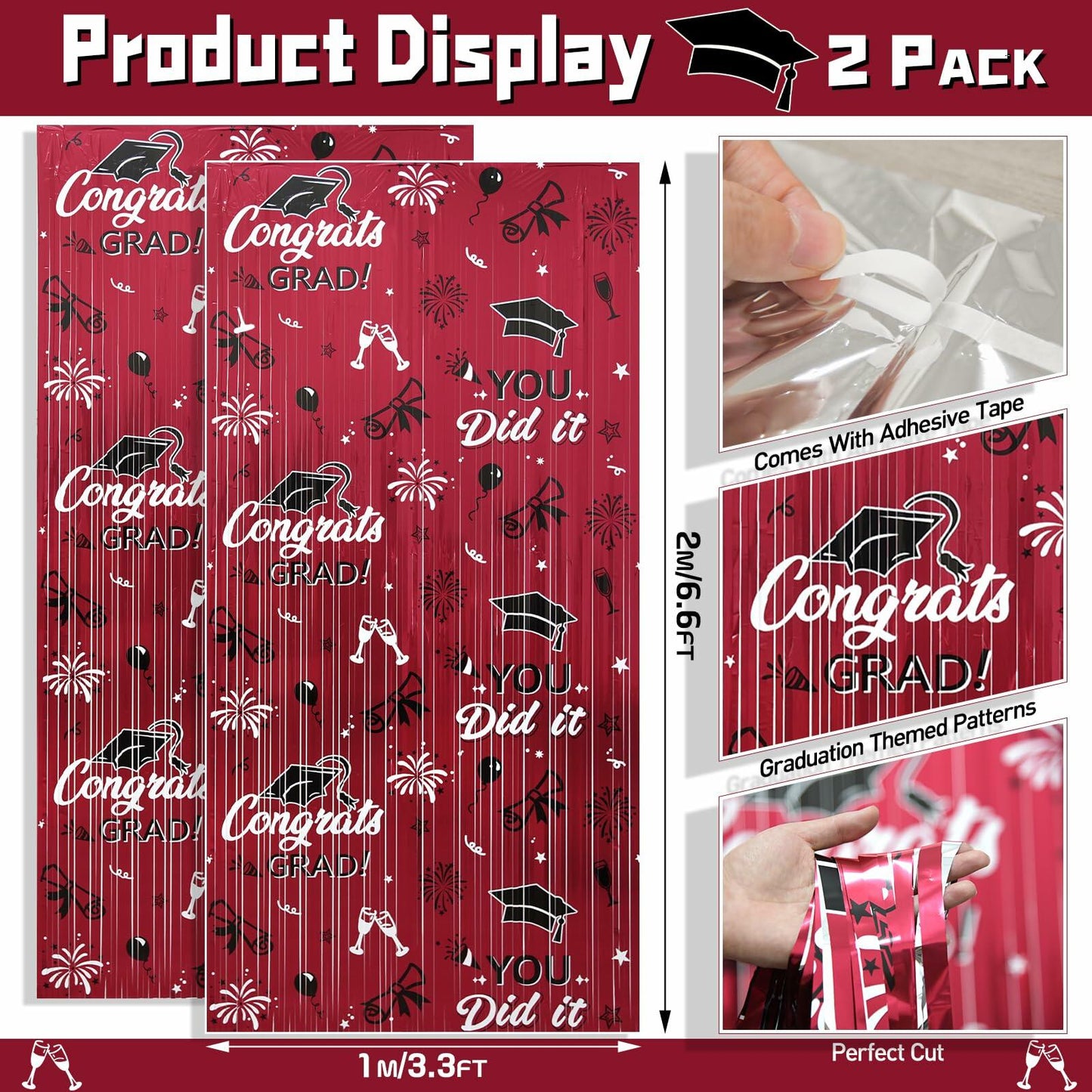 Pedel 2025 Graduation Foil Fringe Curtains 2 Pack 3.2x6.5ft Maroon Black