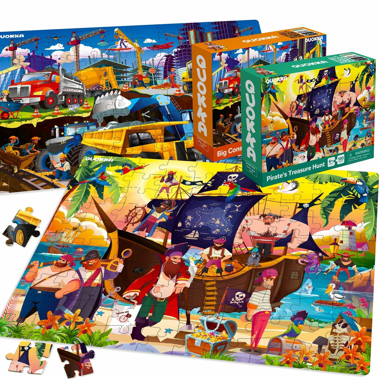 QUOKKA 100 Pc Kids Puzzles Ages 4-8 Pirates Constructions Animals Cardboard