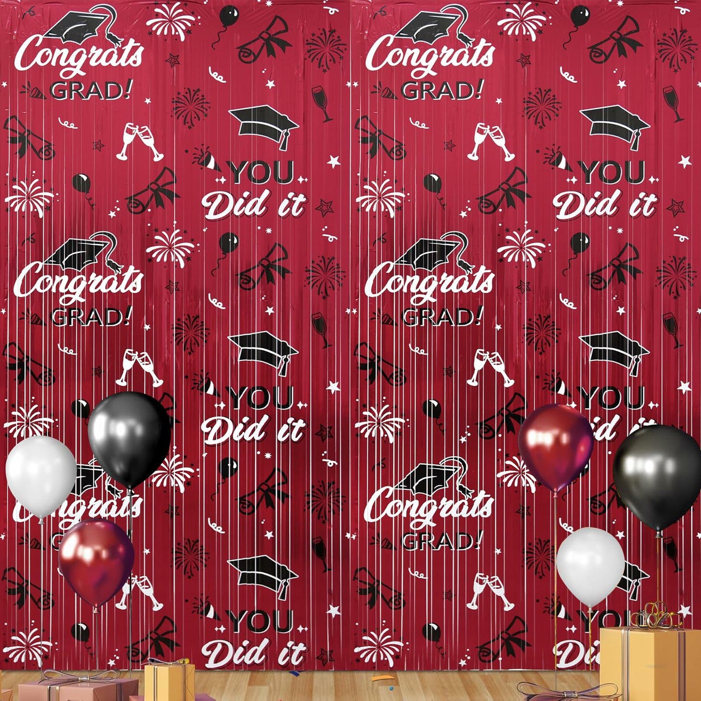 Pedel 2025 Graduation Foil Fringe Curtains 2 Pack 3.2x6.5ft Maroon Black