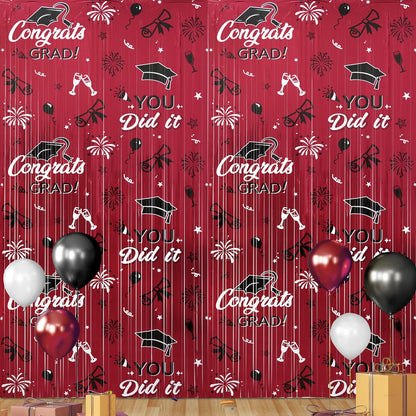 Pedel 2025 Graduation Foil Fringe Curtains 2 Pack 3.2x6.5ft Maroon Black