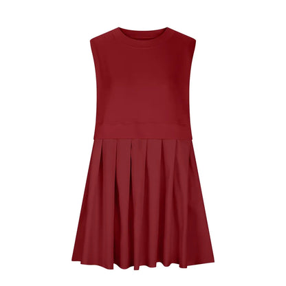 Pleated Round Neck Sleeveless Mini Dress