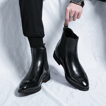 Pointed toe men's boots high top leather shoes red soles Martin boots British casual