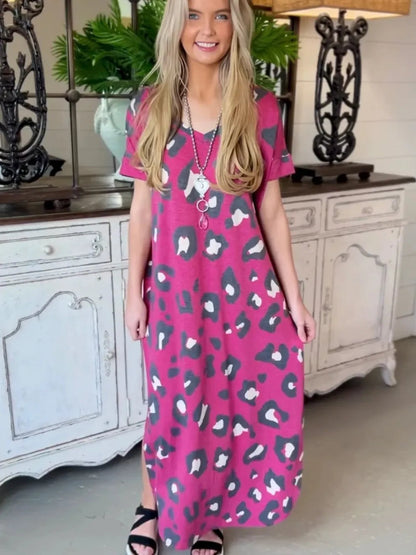 Printed pocket slit V-neck short sleeved long skirt for women
