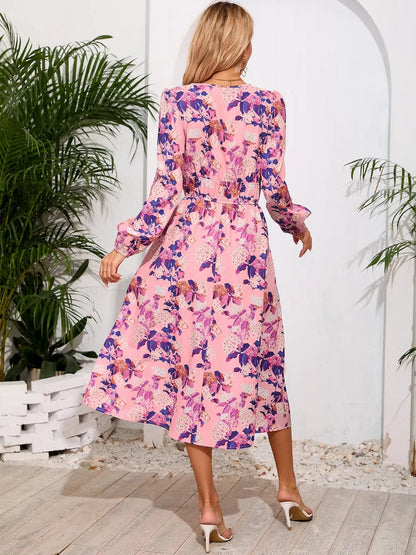 Printed Surplice Long Sleeve Midi Dress