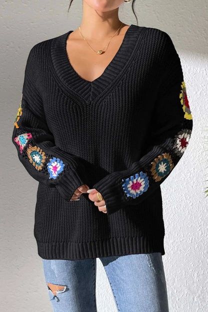 Randomly mixed color hand hook flower splicing V-neck pullover sweater