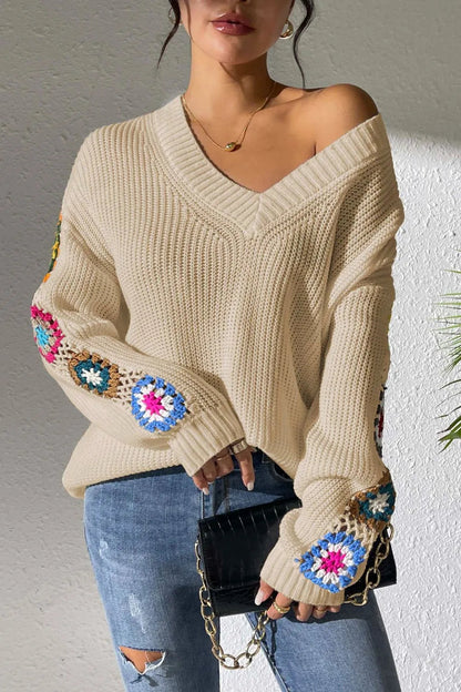 Randomly mixed color hand hook flower splicing V-neck pullover sweater