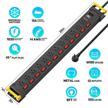 12-Outlet Heavy Duty Power Strip with Individual Switches – 1020J Surge Protector, 9FT Cord, Wall Mountable