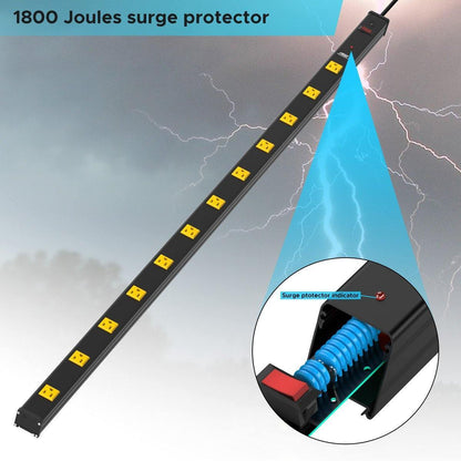 Wide Spaced 12 Outlets Mountable Metal Power Strip Surge Protector, 15FT Power Cord, Mounting Brackets Included