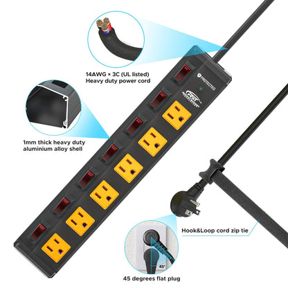CRST 6-Outlet Metal Power Strip Surge Protector with Individual Switches, Versatile Mounting System