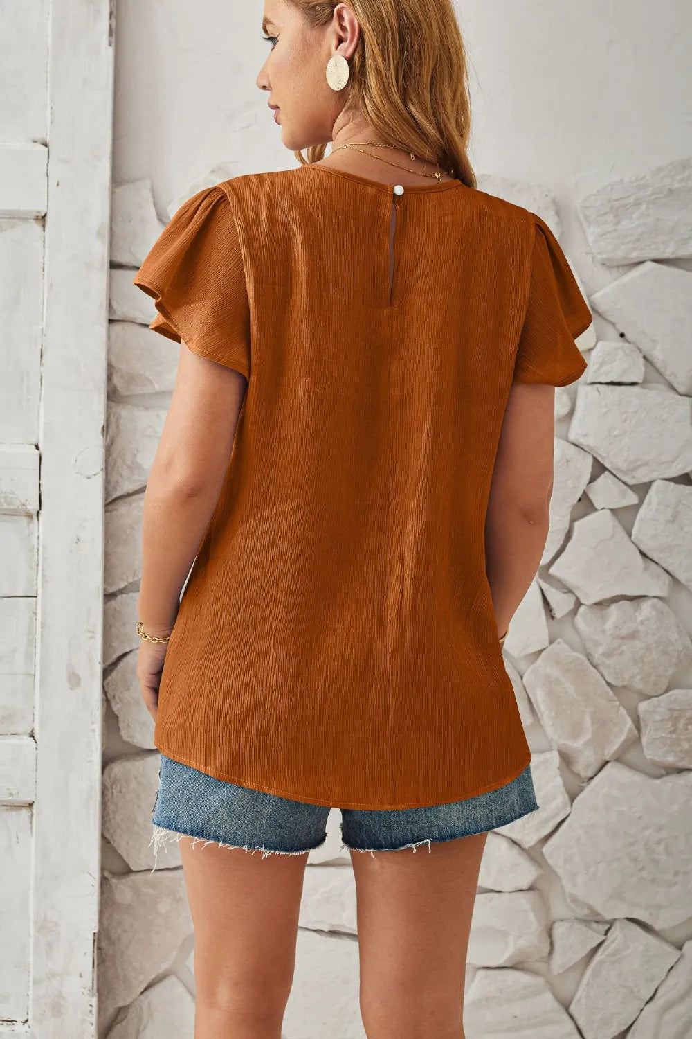 Round Neck Keyhole Cap Sleeve T-Shirt