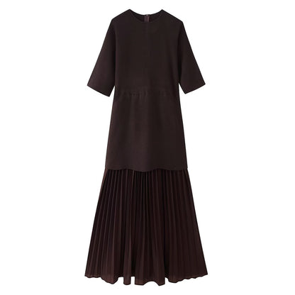 Round neck short sleeved knitted patchwork pleated dress long skirt