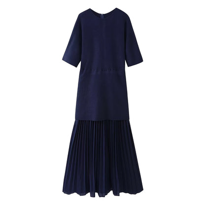 Round neck short sleeved knitted patchwork pleated dress long skirt