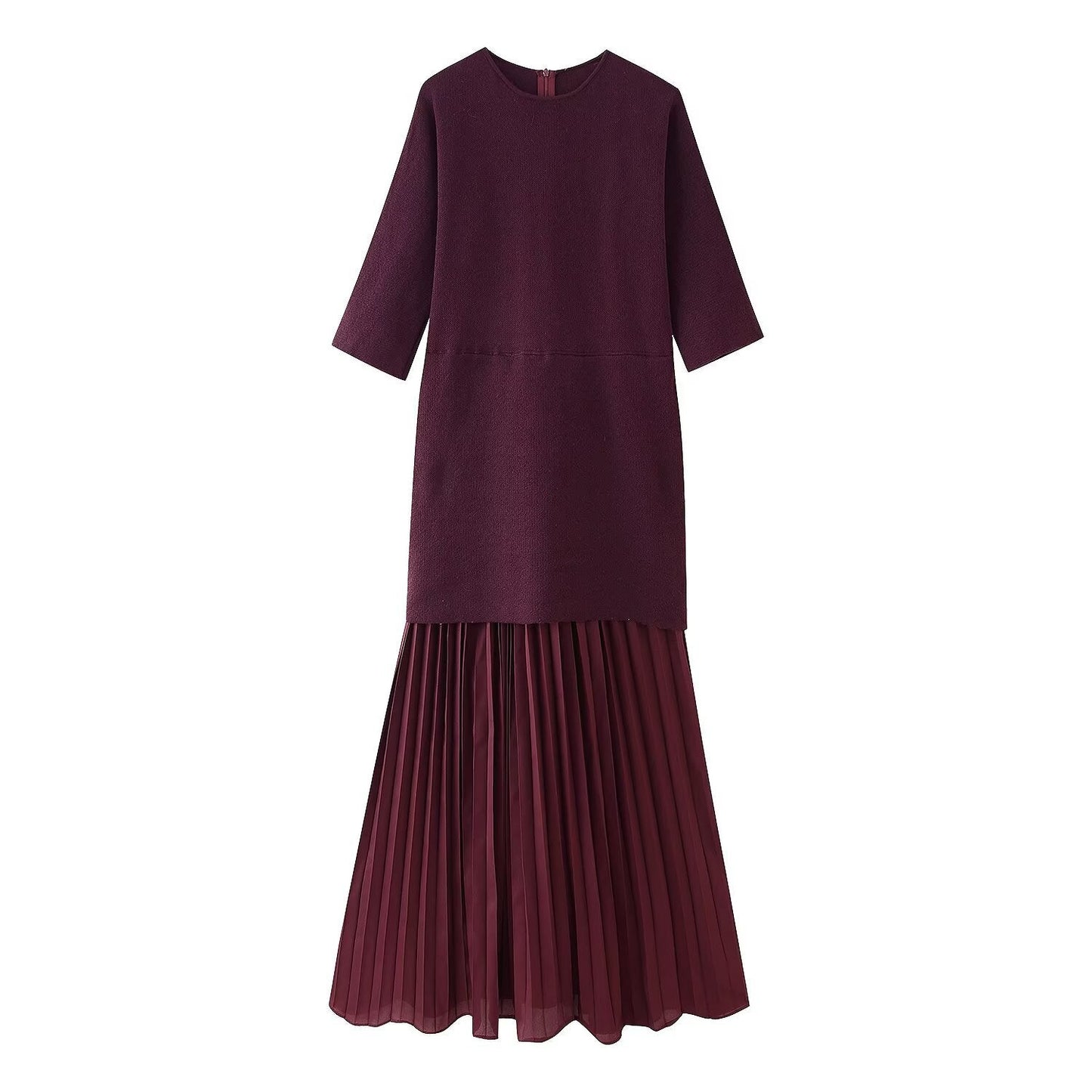 Round neck short sleeved knitted patchwork pleated dress long skirt