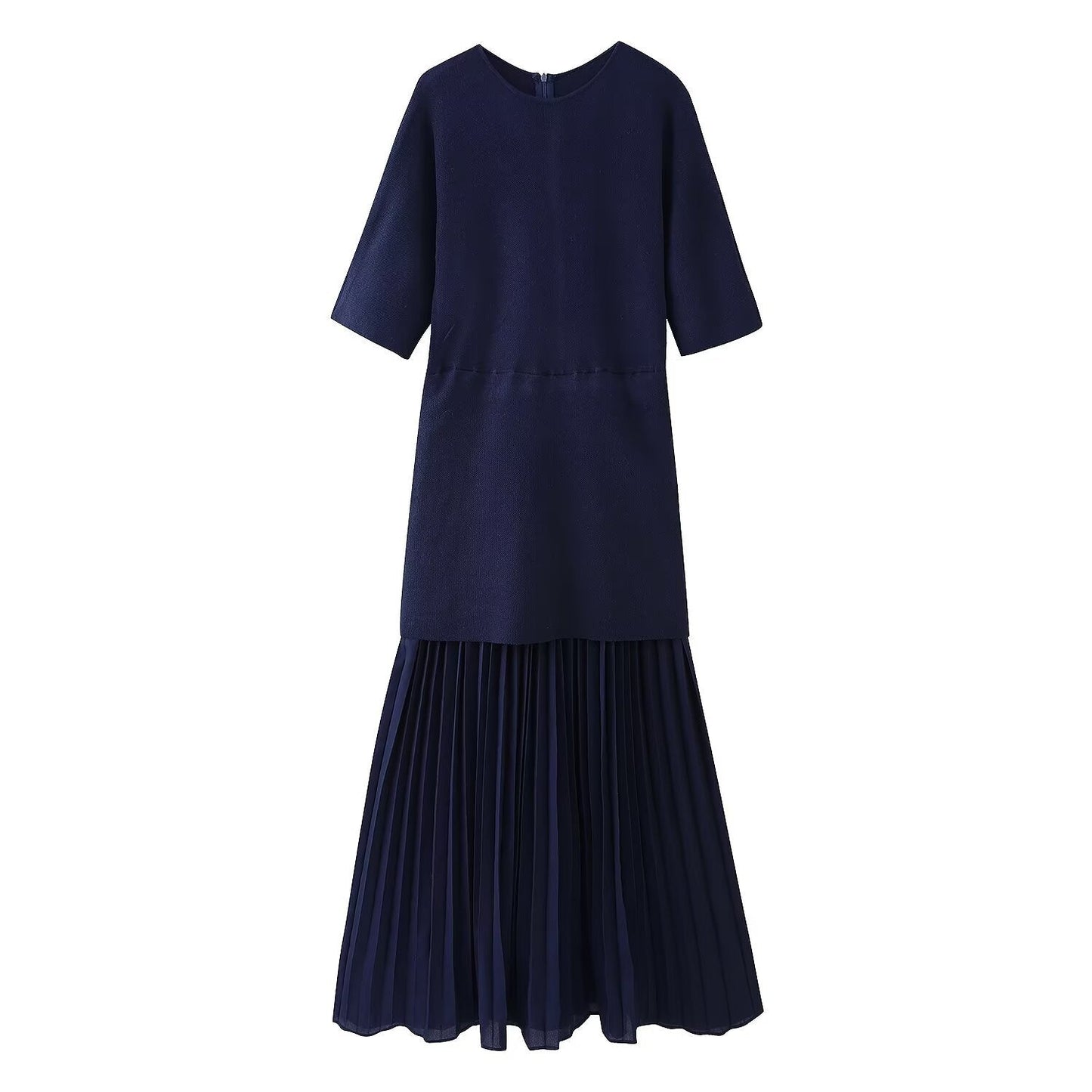 Round neck short sleeved knitted patchwork pleated dress long skirt