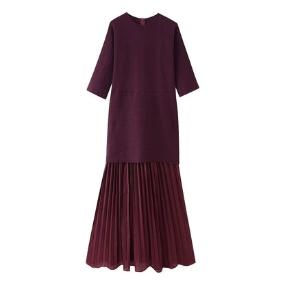 Round neck short sleeved knitted patchwork pleated dress long skirt