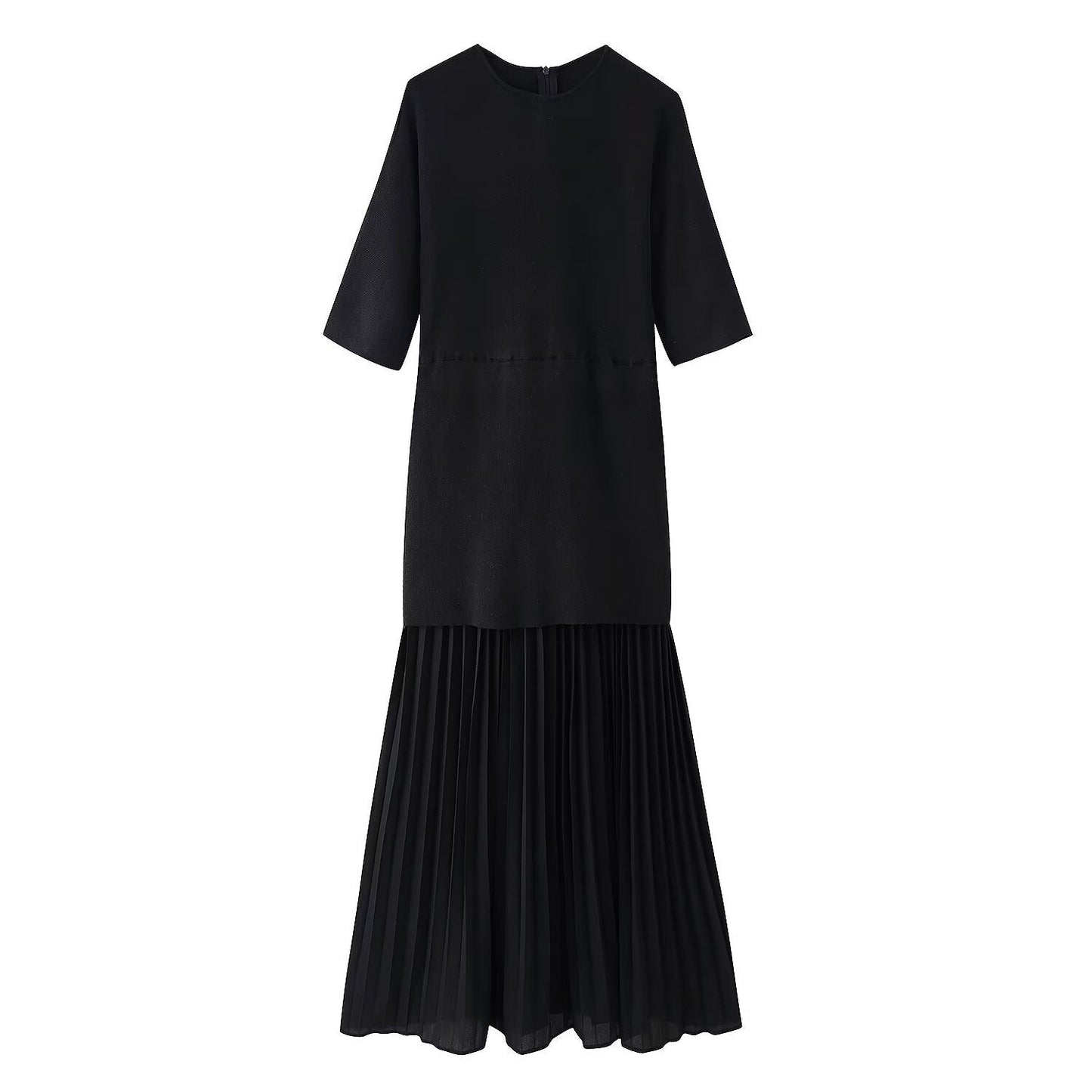 Round neck short sleeved knitted patchwork pleated dress long skirt