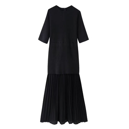 Round neck short sleeved knitted patchwork pleated dress long skirt