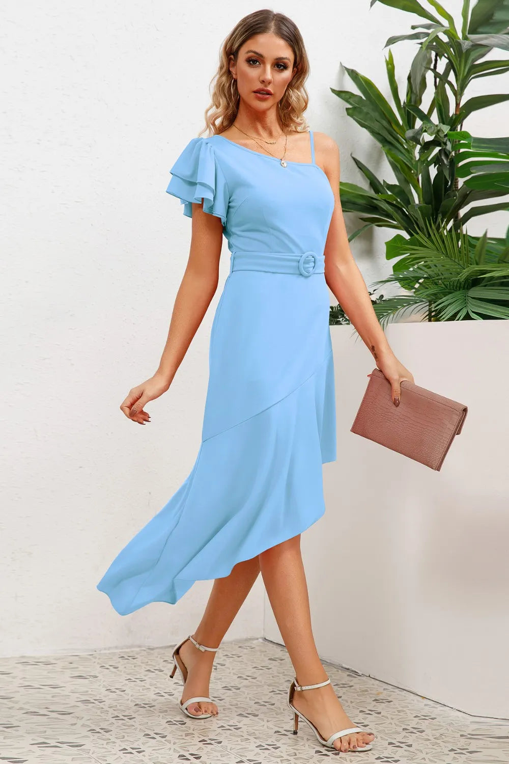 Ruffled Asymmetrical Neck Flutter Sleeve Dress