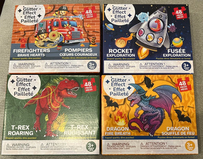 QUOKKA 48-Piece Shaped Jigsaw Puzzles 4-Pack Dragon Rocket Firetruck Dino
