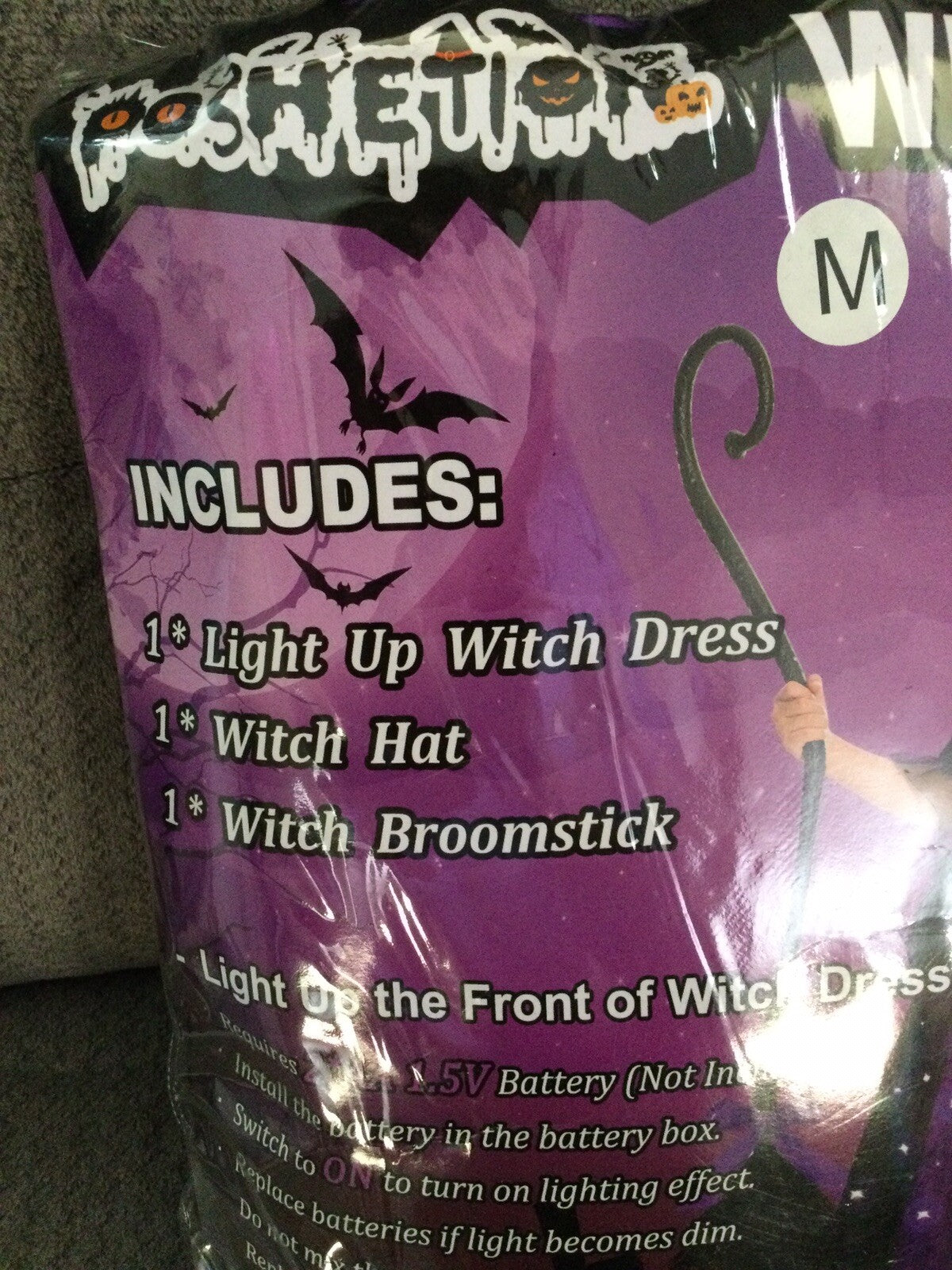 Poshetion Light-Up Witch Costume Dress Hat Broom Size M Child Medium