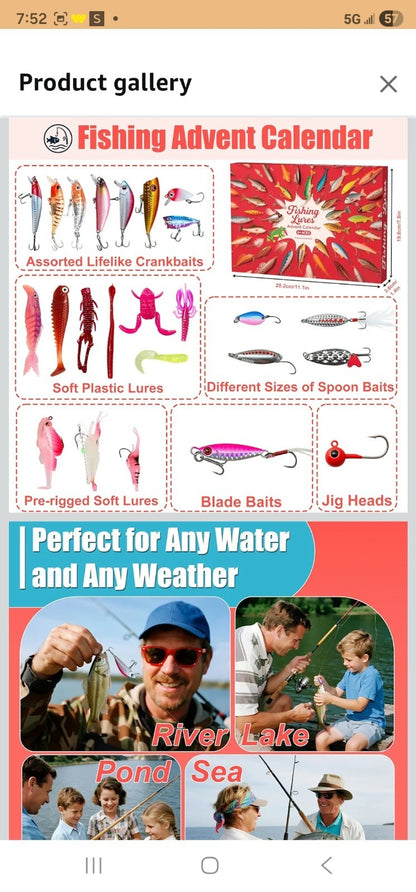Fishing Advent Calendar 2025 Fishing Lures Kit Red Fish Shape 13.98in