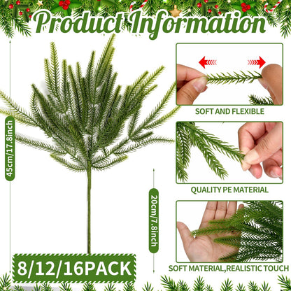 16 Pcs Norfolk Pine Branch 18in Artificial Christmas Green Plastic