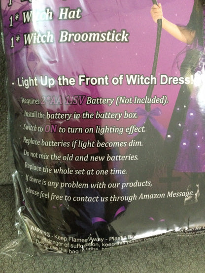 Poshetion Light-Up Witch Costume Dress Hat Broom Size M Child Medium