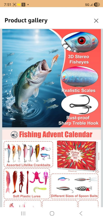 Fishing Advent Calendar 2025 Fishing Lures Kit Red Fish Shape 13.98in