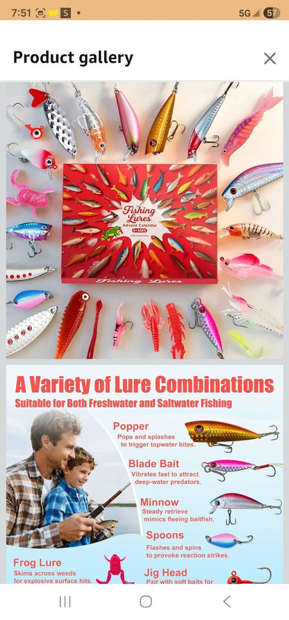Fishing Advent Calendar 2025 Fishing Lures Kit Red Fish Shape 13.98in