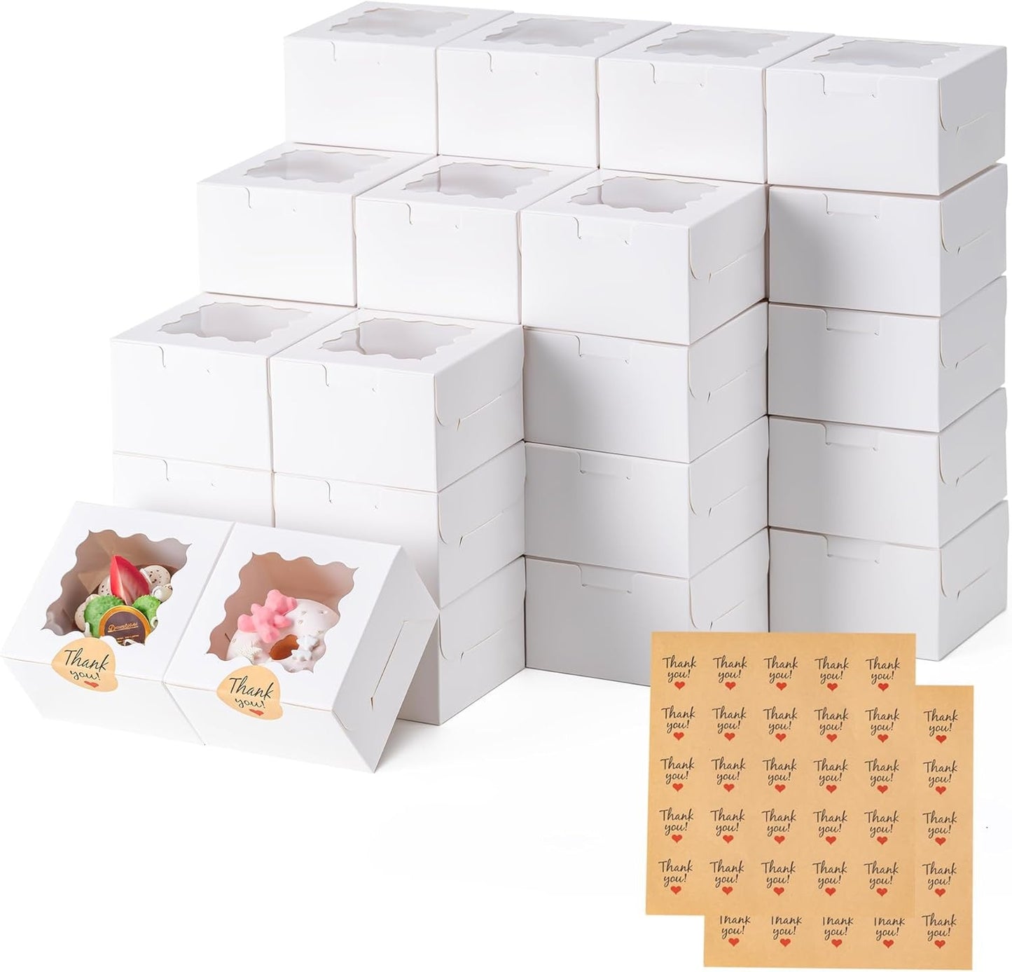 Honeydak White Bakery Boxes with Window 6x6x3in Paperboard 80 Pcs
