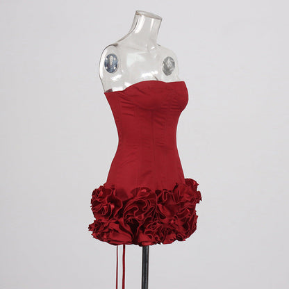 Sexy European and American style dress with strapless shoulder and fashionable three-dimensional flower splicing short dress