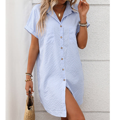 Short sleeved striped dress mid length shirt for women