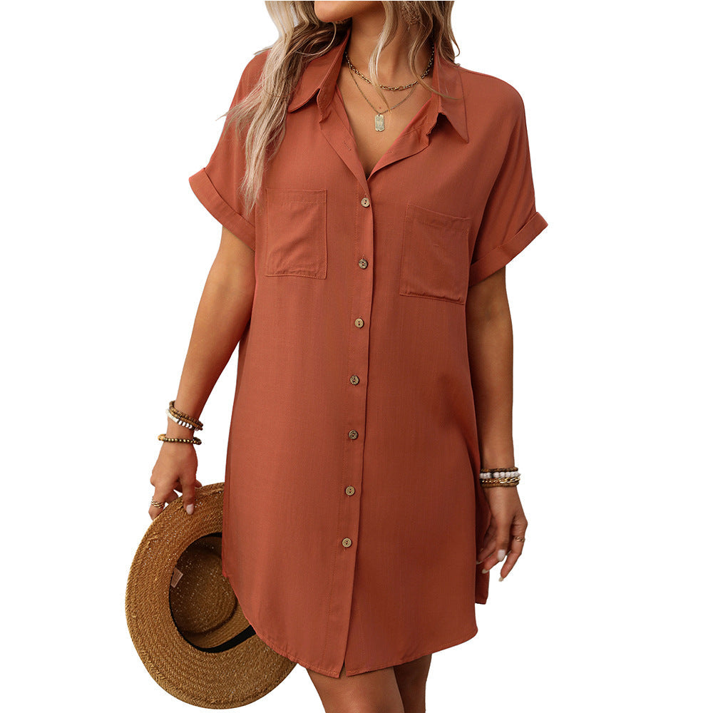 Short sleeved striped dress mid length shirt for women