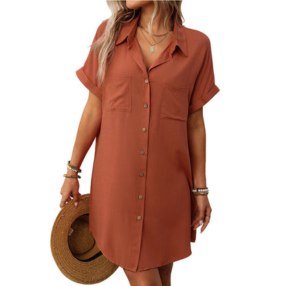 Short sleeved striped dress mid length shirt for women