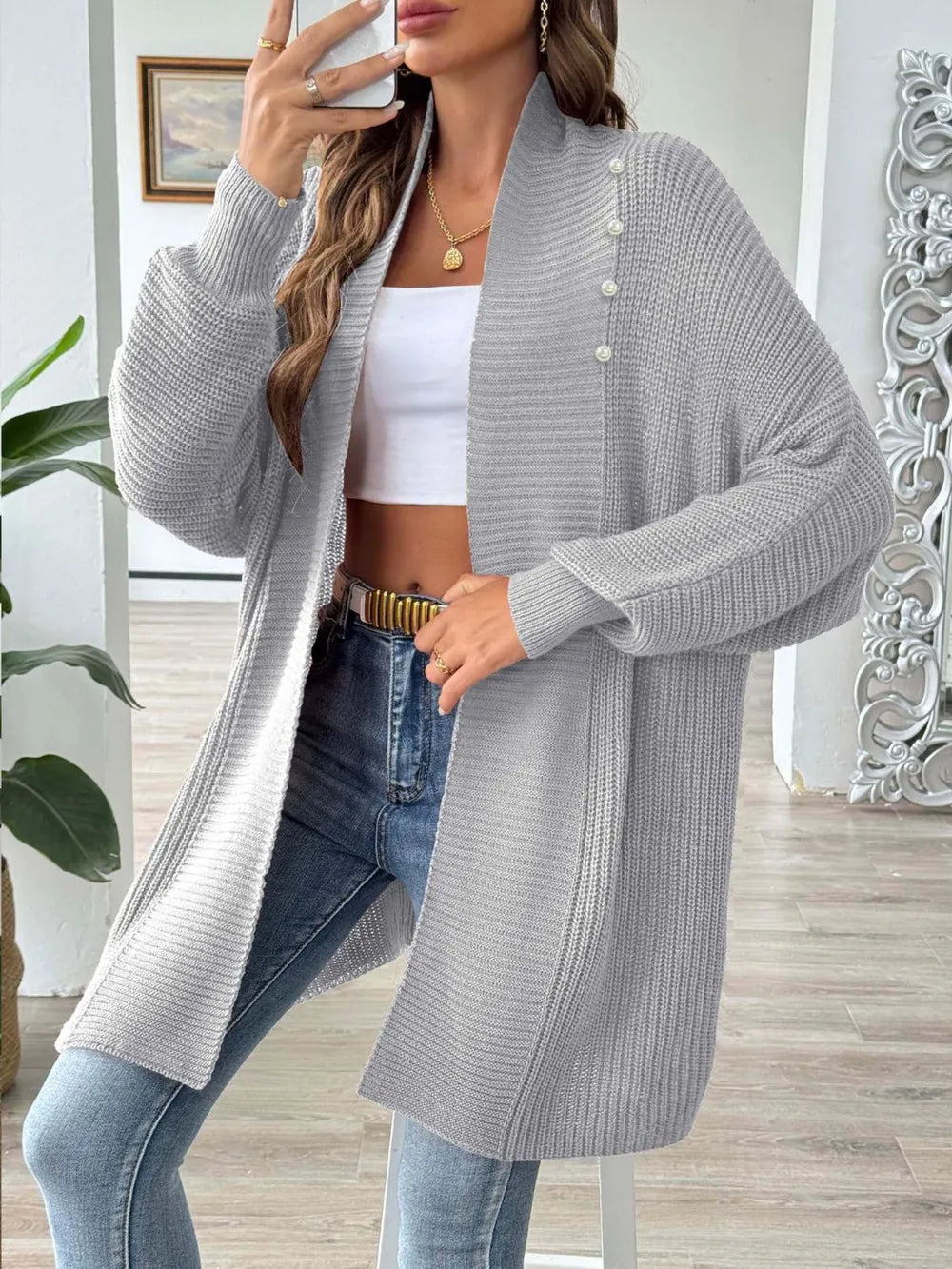 Simple and fashionable loose sweater with pearl nail beads cardigan