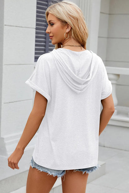Solid color hooded button loose short sleeved T-shirt top for women