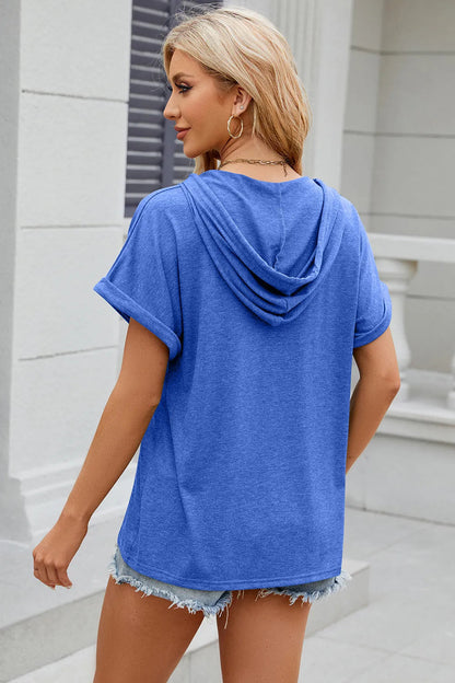 Solid color hooded button loose short sleeved T-shirt top for women