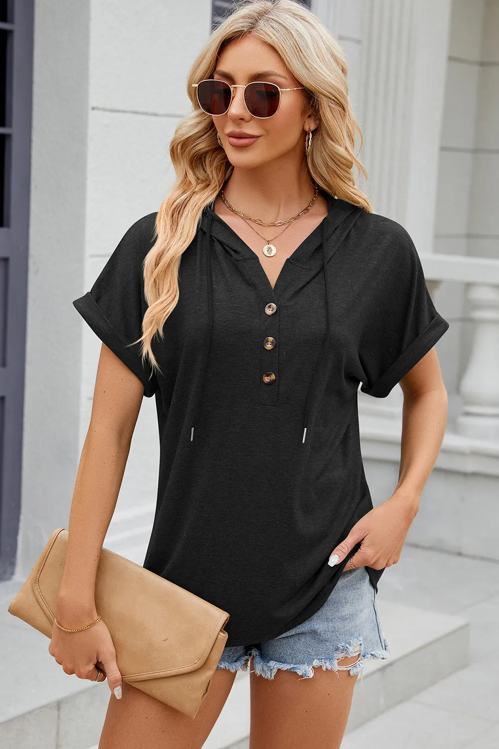 Solid color hooded button loose short sleeved T-shirt top for women