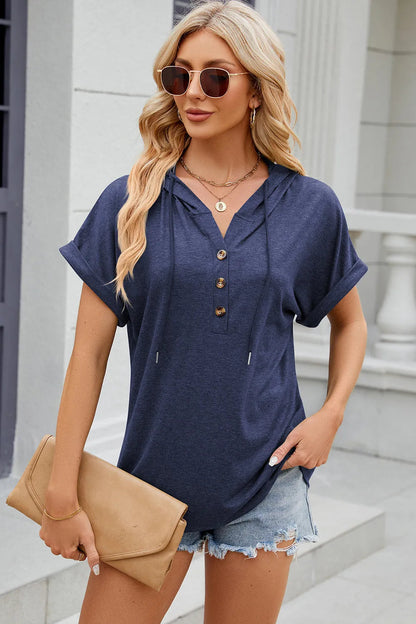 Solid color hooded button loose short sleeved T-shirt top for women