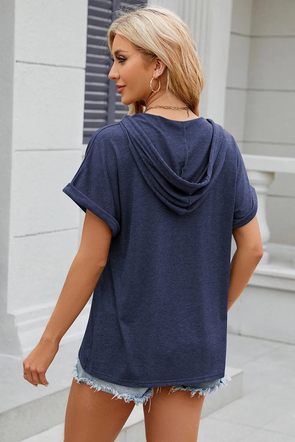 Solid color hooded button loose short sleeved T-shirt top for women