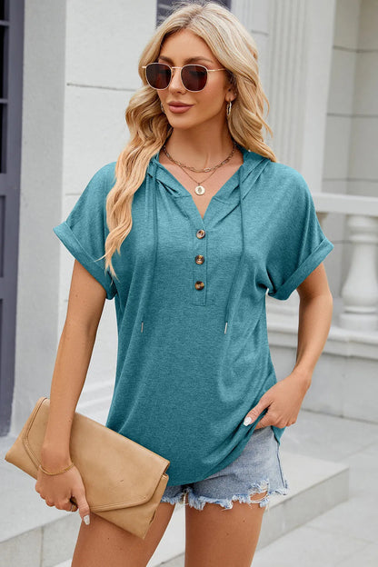 Solid color hooded button loose short sleeved T-shirt top for women